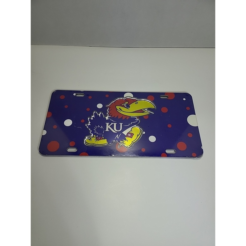 KU UNIVERSITY OF KANSAS Blue/red/white Polka Dot Mirrored Jayhawk License Plate - Picture 4 of 5